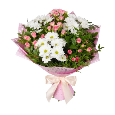 Букет «Волшебный сад» – гармония кустовых роз и белоснежных хризантем Красноярск Красноярский край