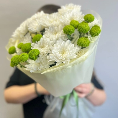 Эксклюзивный букет «Филин Грин» – сочетание белых и зеленых хризантем Красноярск Красноярский край