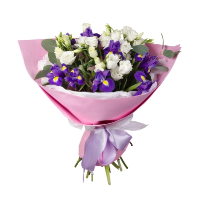 Букет «Подарок» – элегантная композиция из ирисов, эустом и эвкалипта Красноярск Красноярский край